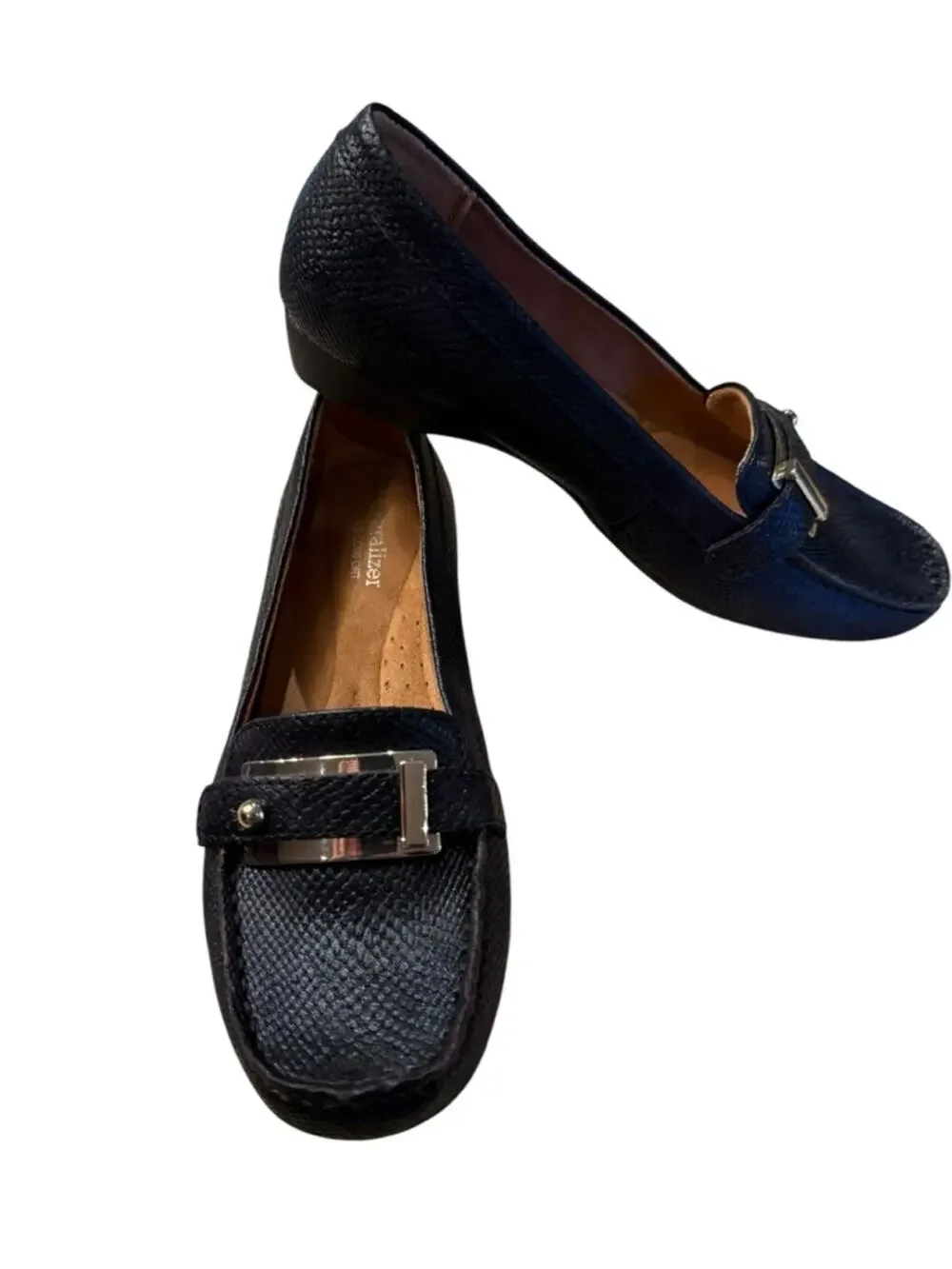 Naturalizer N5 Comfort Black Reptile Textured Loafer Gold Buckle Womens 6.5